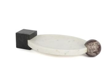 Beyaz Geometrik Kulplu Mermer Dekoratif Tabak 41x21x8cm