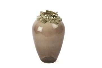 Kahverengi Saydam Cam Gold Detaylı Vazo 39x25cm
