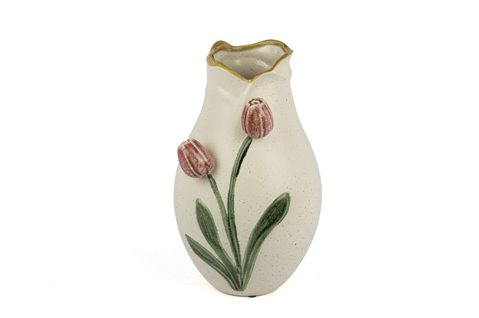 Krem Pembe Lale Kabartmalı Vazo 23x36cm