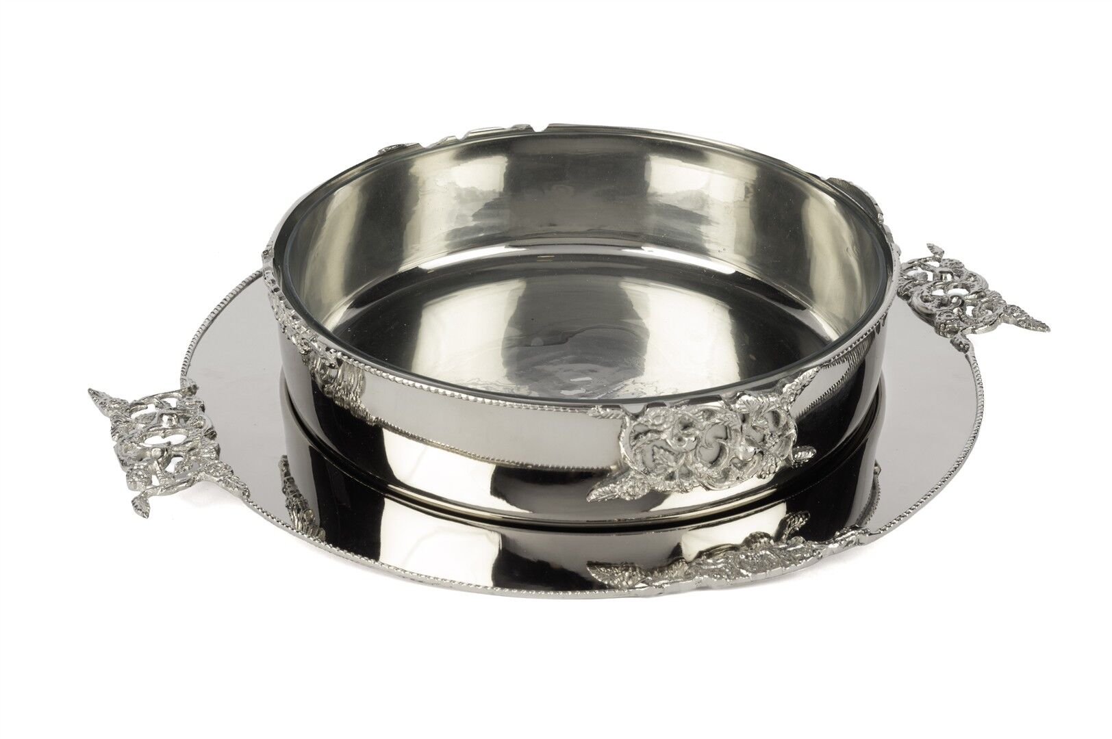Silver İşlemeli Tepsili Cam Kase 40x34x8cm