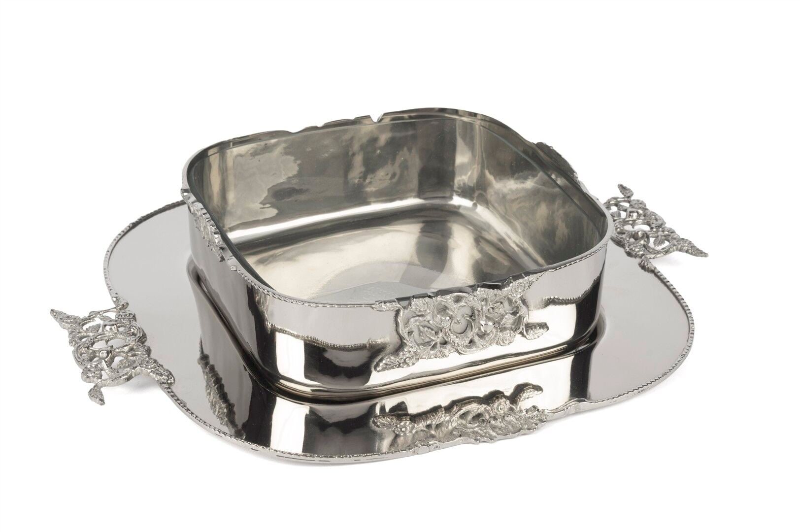Silver İşlemeli Tepsili  Cam Kase 38x32x8cm