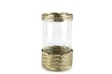Eskitme Gold Yaprak Standlı Cam Mumluk 16x29cm