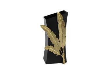 Siyah Gold Palmiyeli Metal Vazo 18x14x39cm