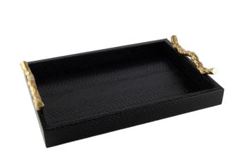 Siyah Gold Kulplu Deri Tepsi 40x28x7cm