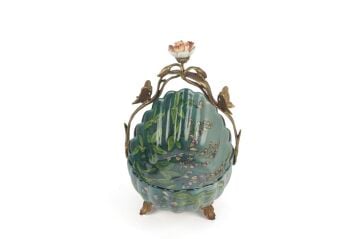 Turkuaz Yeşil Yapraklı Bronz İşlemeli Dekoratif Tabak 24x15x24cm