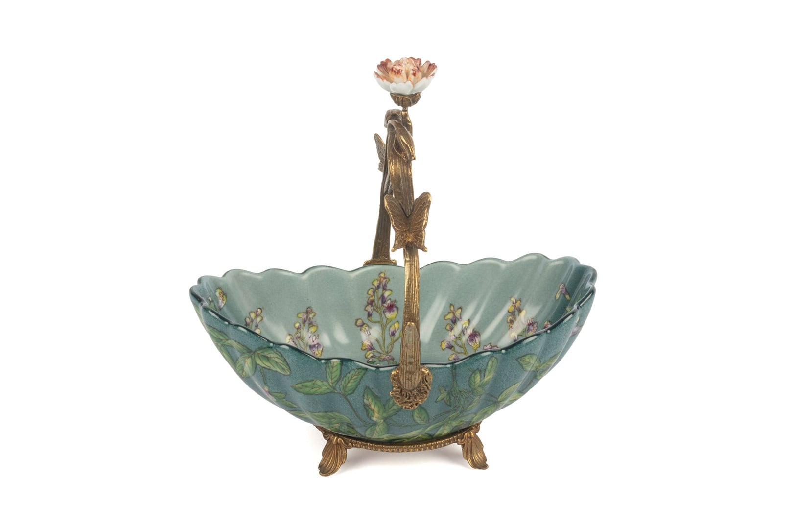 Turkuaz Yeşil Yapraklı Bronz İşlemeli Dekoratif Tabak 24x15x24cm