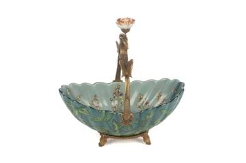 Turkuaz Yeşil Yapraklı Bronz İşlemeli Dekoratif Tabak 24x15x24cm