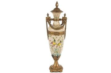 Krem Kuş Çiçek Bronz İşlemeli Kapaklı Küp 15x51cm
