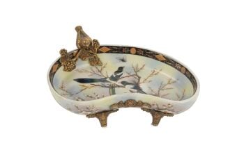 Beyaz Mavi Kuşlu Bronz Ayaklı Dekoratif Tabak 21x8cm