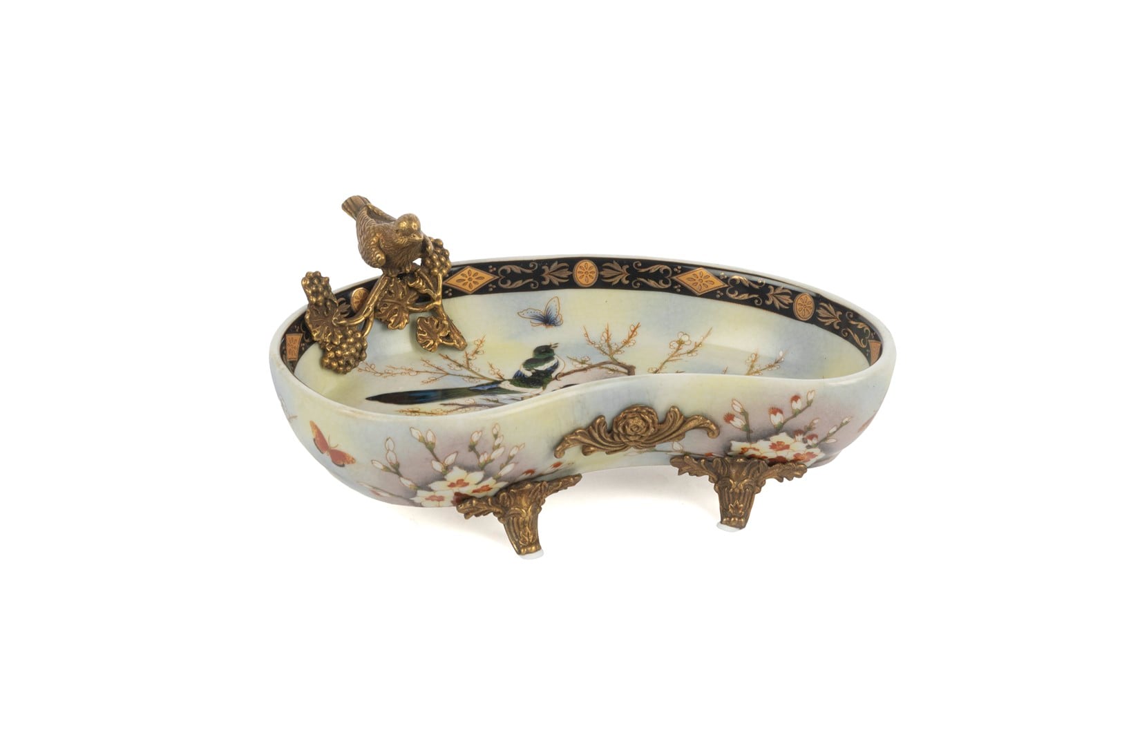 Beyaz Mavi Kuşlu Bronz Ayaklı Dekoratif Tabak 21x8cm