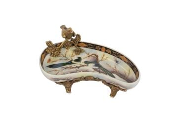 Beyaz Mavi Kuşlu Bronz Dekoratif Tabak 18x9cm