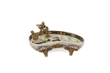 Beyaz Mavi Kuşlu Bronz Dekoratif Tabak 18x9cm