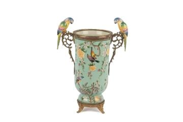 Turkuaz Papağanlı Bronz İşlemeli Vazo 27x36cm